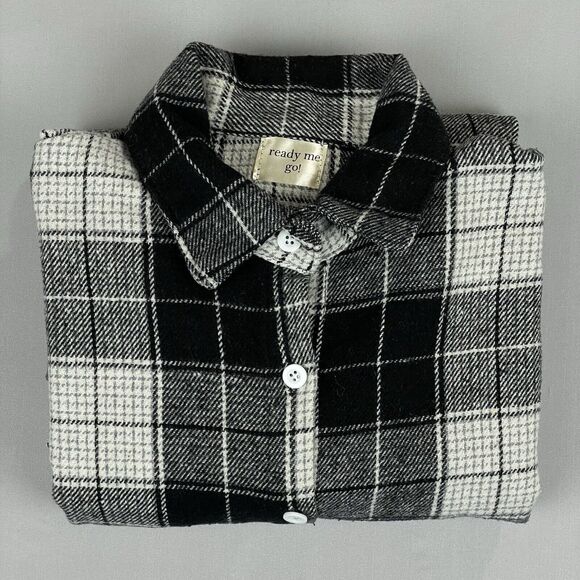 Thick Flannel Button Up High Low Women's M/L Black White Plaid Cozy Lagenlook - Picture 15 of 16